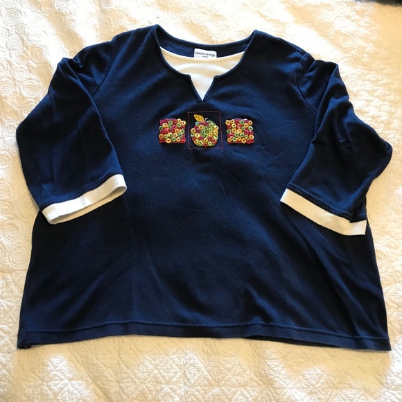 Breckenridge fall-themed long sleeved blue top with button apple design (2X) - Picture 3 of 16